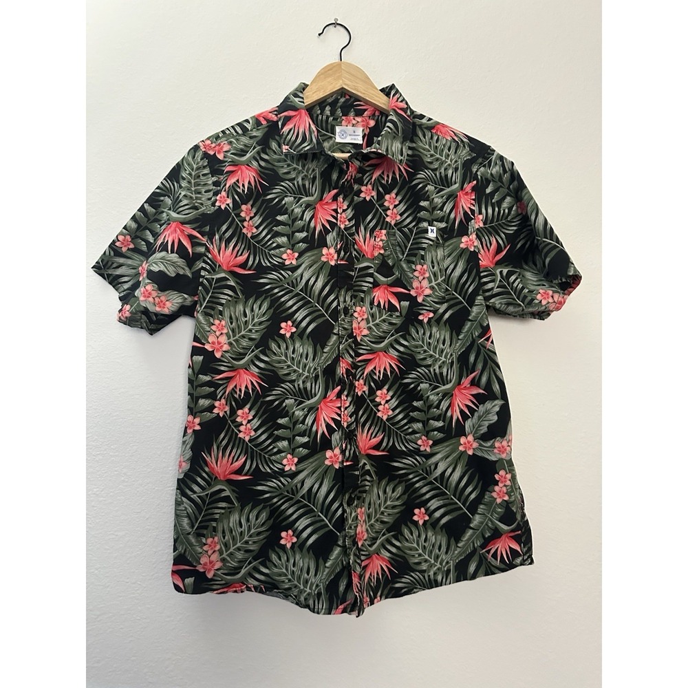 Hurley Hawaiian Shirt Mens Medium Black Floral Tropical Short Sleeve Vacation